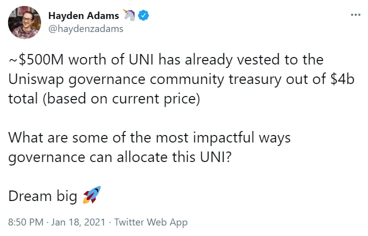 Tweet from Hayden Adams about Uniswap governance treasury allocation