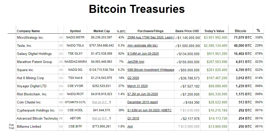 Bitcoin Treasuries table showing corporate Bitcoin holdings