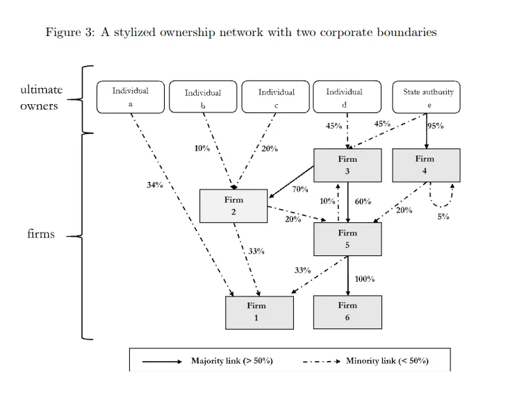 A stylized ownership network with corporate boundaries showing majority and minority links