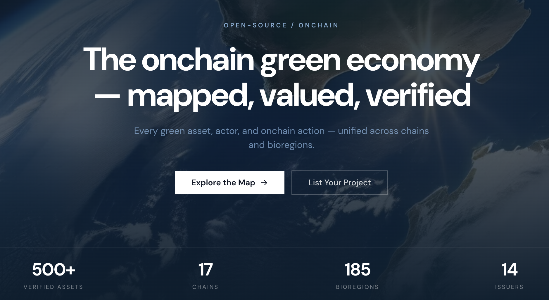 Regen Atlas homepage: the onchain green economy — mapped, valued, verified. 500+ verified assets, 17 chains, 185 bioregions, 14 issuers.