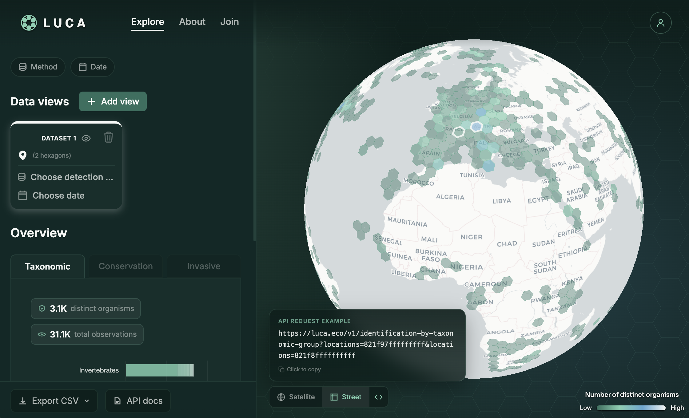 LUCA Explore — hex overlays with data panel